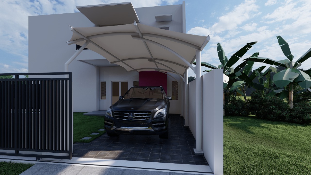 Kanopi membran untuk carport mobil dengan desain melengkung modern